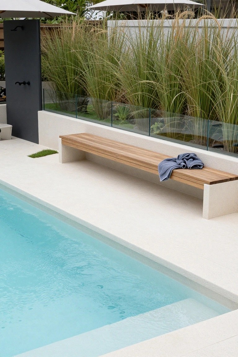 18 Custom Backyard Pool Ideas Tailored To Your Space A long wooden bench along the edge of a turquoise pool on white decking, with a blue towel draped over it, tall grasses behind glass panels, and a black outdoor shower door nearby.