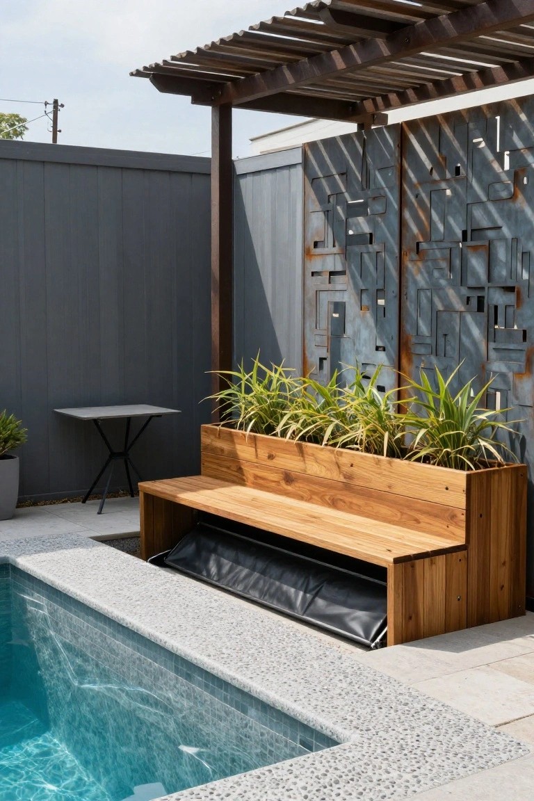 18 Custom Backyard Pool Ideas Tailored To Your Space Wooden bench integrated with a planter box filled with tall grasses positioned next to a pool edge, under a pergola with metal screens nearby and a small table to the side.