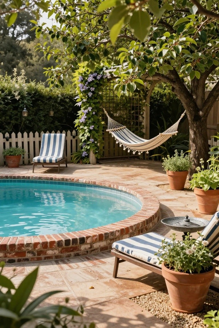 18 Custom Backyard Pool Ideas Tailored To Your Space Curved turquoise pool with brick edging and terracotta pavers, surrounded by blue-and-white striped lounge chairs, potted plants, and a matching hammock hanging from a pergola draped in purple flowers under a large tree.