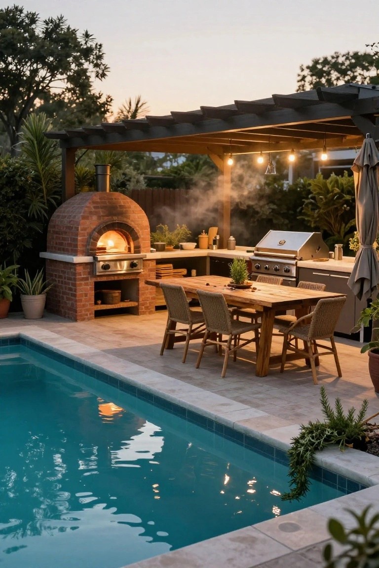 18 Custom Backyard Pool Ideas Tailored To Your Space Backyard pool beside a pergola-covered outdoor kitchen with brick pizza oven, gas grill, wooden dining table with woven chairs, potted plants, and string lights.