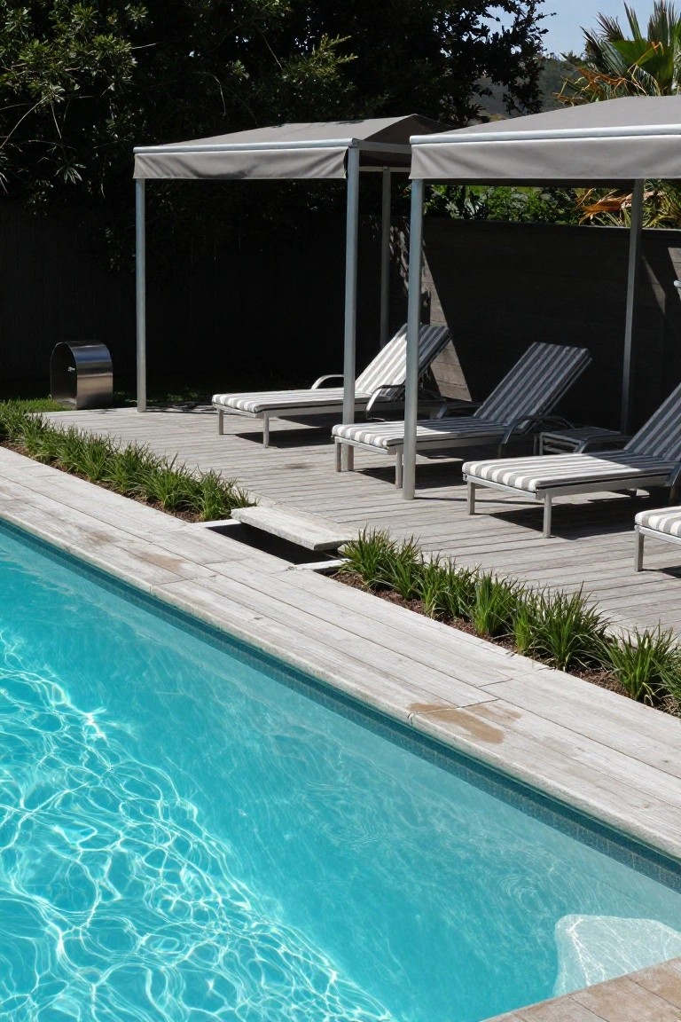 18 Custom Backyard Pool Ideas Tailored To Your Space A rectangular pool with light grayish wooden decking along one edge, multiple white and gray striped loungers under two adjacent gray fabric shade structures on metal frames, green plants bordering the deck, and trees and fencing in the background.
