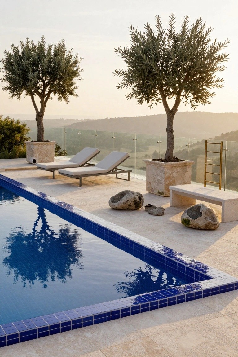18 Custom Backyard Pool Ideas Tailored To Your Space Infinity-edge pool with blue tile edge on light stone deck, flanked by potted olive trees, lounge chairs, natural boulders, and a bench, with glass railing and hillside view.