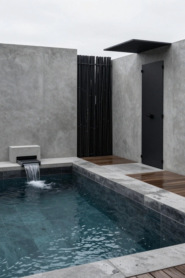 18 Custom Backyard Pool Ideas Tailored To Your Space Small rectangular pool with turquoise water and waterfall from a concrete ledge, enclosed by gray concrete walls, black vertical bamboo fencing, black metal door, and wooden deck platform.