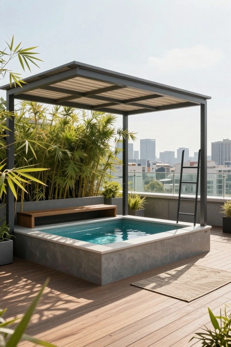 18 Custom Backyard Pool Ideas Tailored To Your Space Rooftop deck with small turquoise-tiled plunge pool, adjacent wooden bench, metal pergola shade structure, bamboo plants, and city skyline in background.