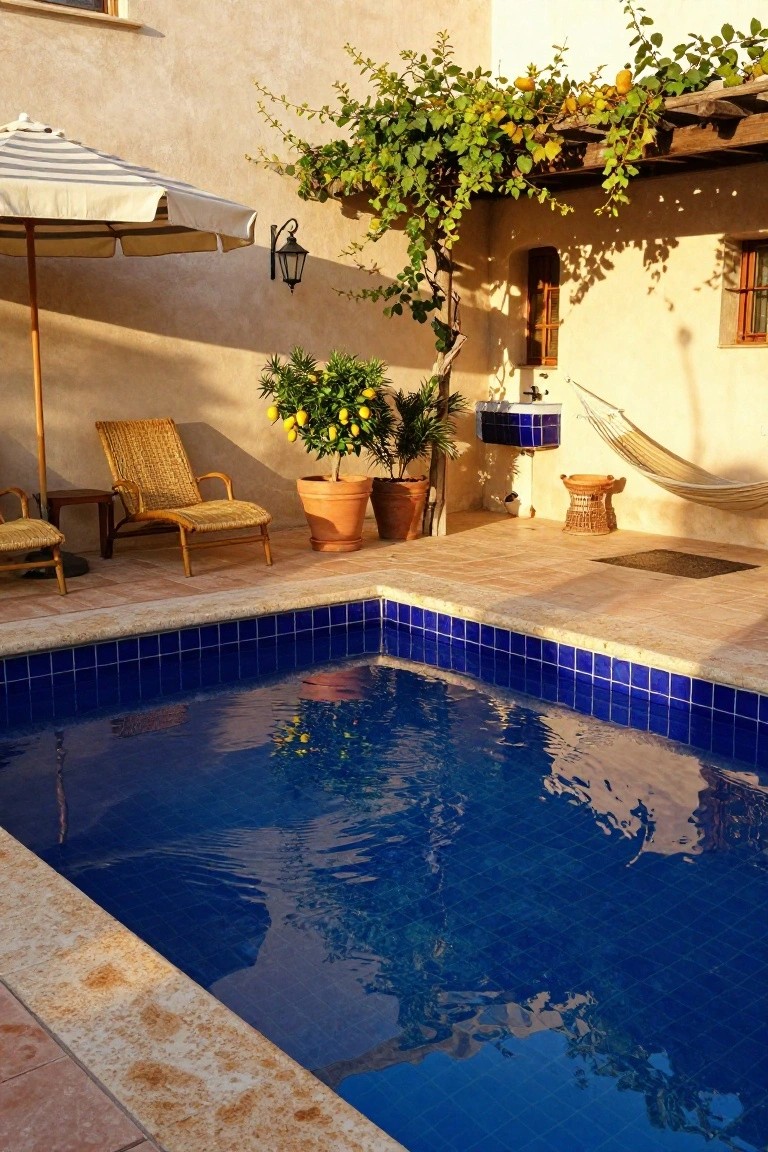 Corner of an outdoor pool with bright blue porcelain tiles, surrounded by beige stone coping on terracotta pavers, wicker lounge chairs, potted lemon trees, a hammock, and vines on stucco walls.