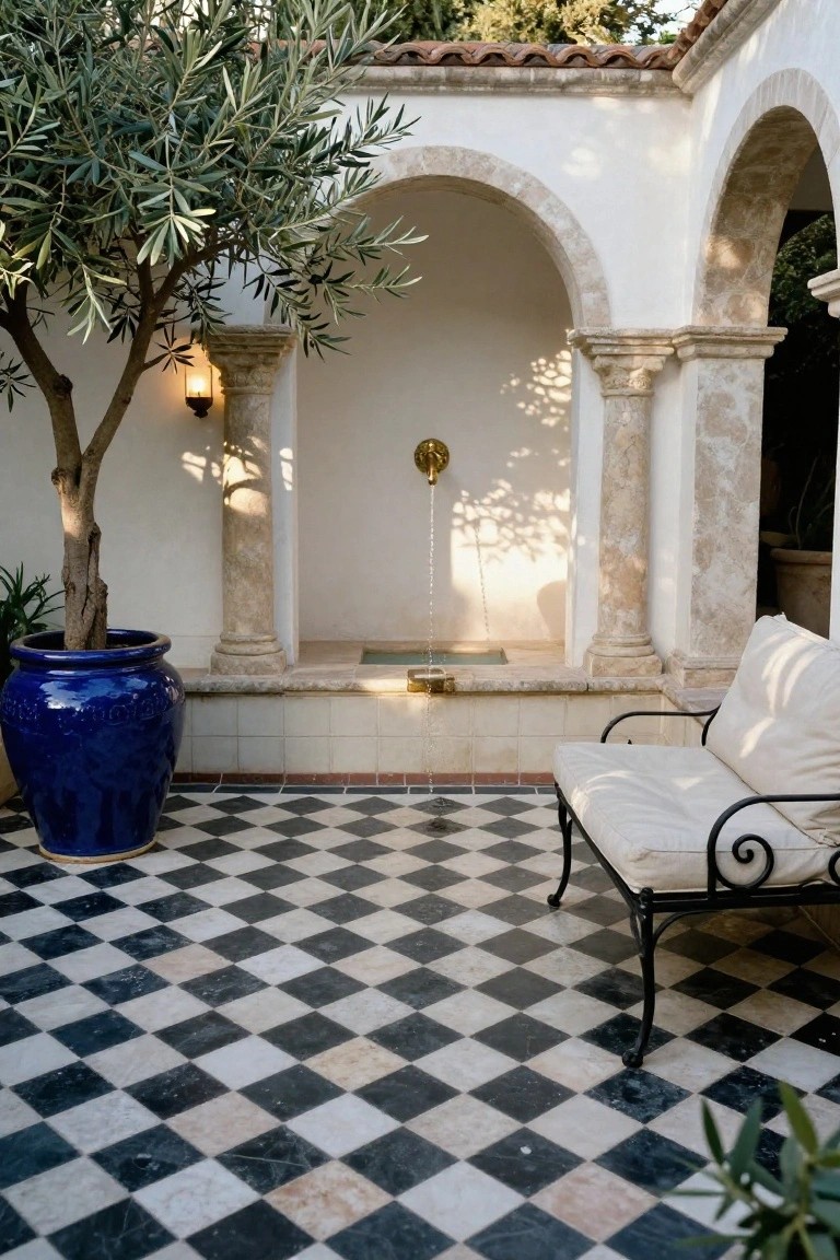 Outdoor courtyard patio featuring black and white checkered porcelain tile floor, large blue pot with olive tree, white cushioned chair on black metal frame, wall-mounted gold faucet fountain, and arched white stucco architecture under terracotta roof.