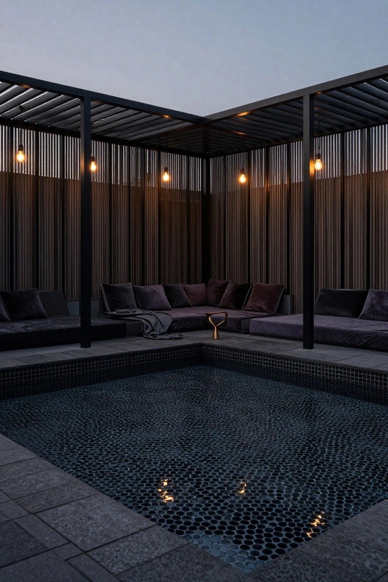 Corner outdoor pool with black pebble mosaic porcelain tiles, purple velvet L-shaped seating, black metal pergola structure, and hanging bulb lights at dusk.