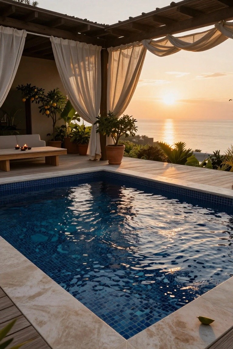 Small rectangular pool lined with deep blue mosaic tiles and travertine coping on a wooden deck, under a pergola with sheer curtains and potted plants, overlooking the ocean at sunset.