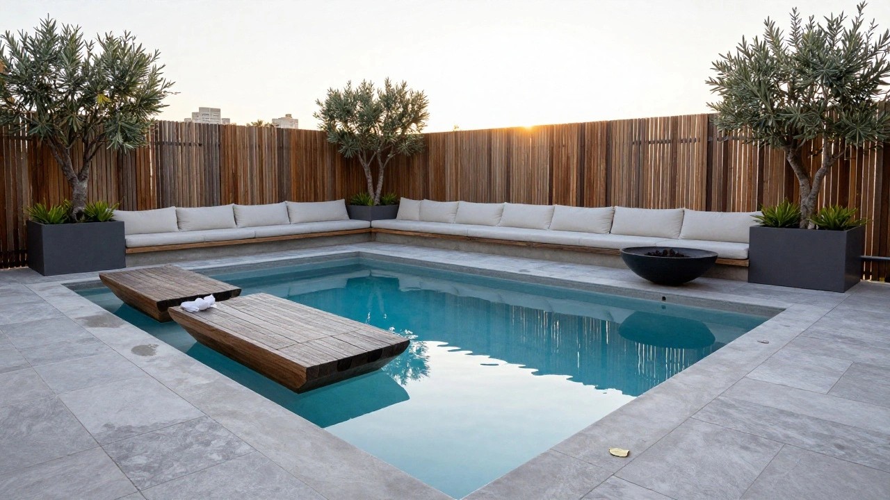 Pool deck paved in light gray veined porcelain tiles next to a turquoise pool, with curved wooden chaise lounges, black fire pit bowl, beige sofa on concrete base, potted olive trees, and slatted wooden fence.