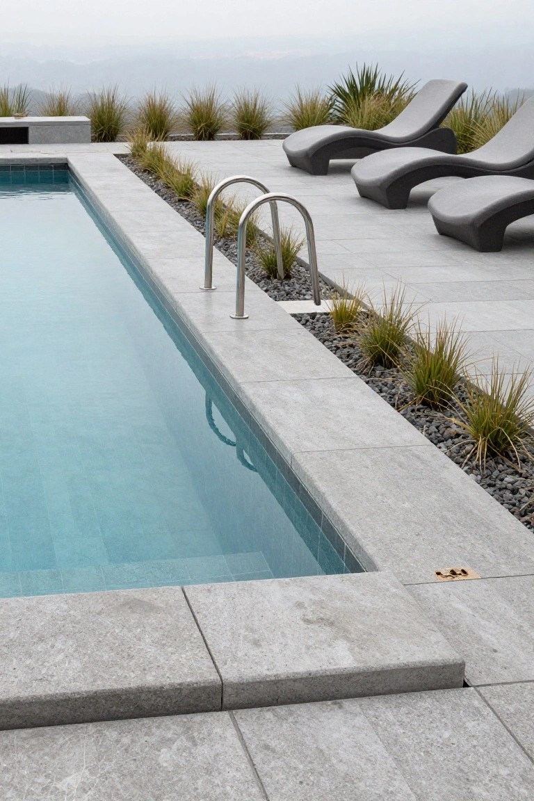 Rectangular pool with turquoise water and chrome ladder, edged and decked in large gray porcelain tiles, surrounded by gravel, grasses, and lounge chairs against a misty hillside backdrop.