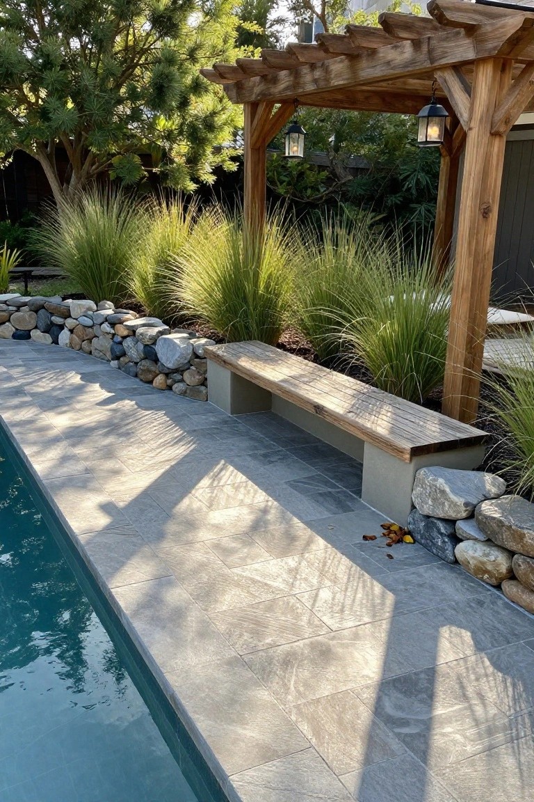 Gray porcelain tile pool deck with turquoise water, wooden bench integrated into rock wall planting bed with ornamental grasses, wooden pergola overhead, and hanging lanterns.