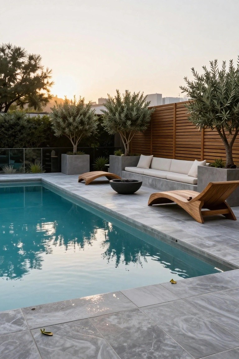 Pool deck paved in light gray veined porcelain tiles next to a turquoise pool, with curved wooden chaise lounges, black fire pit bowl, beige sofa on concrete base, potted olive trees, and slatted wooden fence.