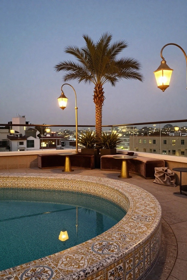 Curved turquoise pool on a rooftop terrace edged with ornate gold and blue porcelain tiles, flanked by cushioned seating, gold tables, a palm tree, and vintage lamps, with city buildings and lights in the background at dusk.