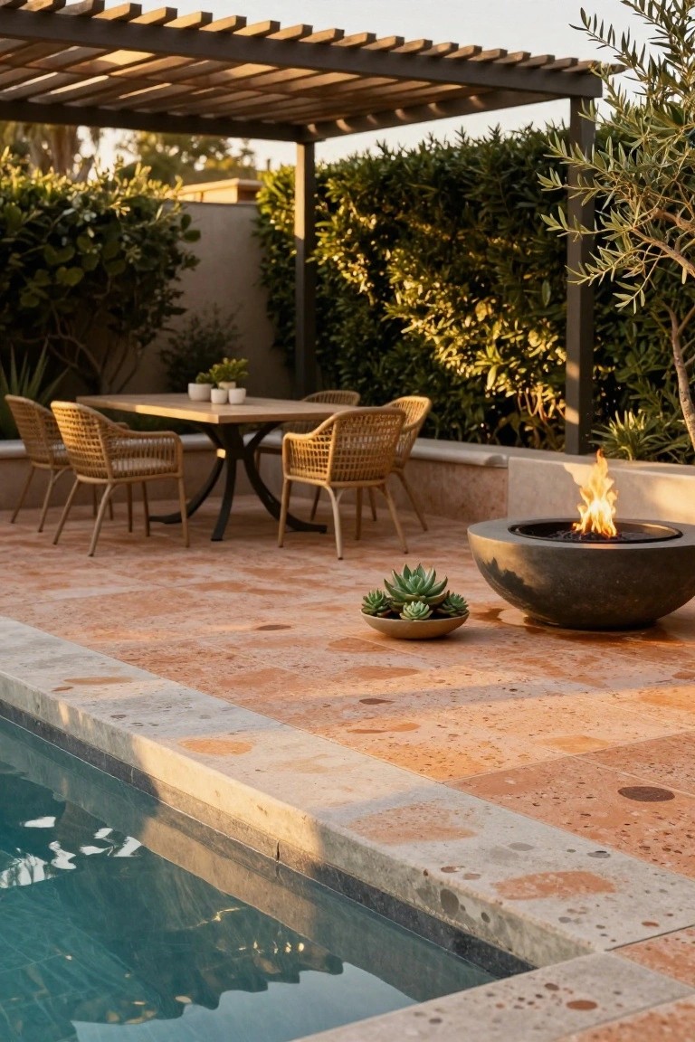 Outdoor pool deck with terracotta-colored textured porcelain tiles, wooden dining table with rattan chairs under pergola, round black fire pit with succulents nearby, hedges and plants surrounding, pool water visible at edge.