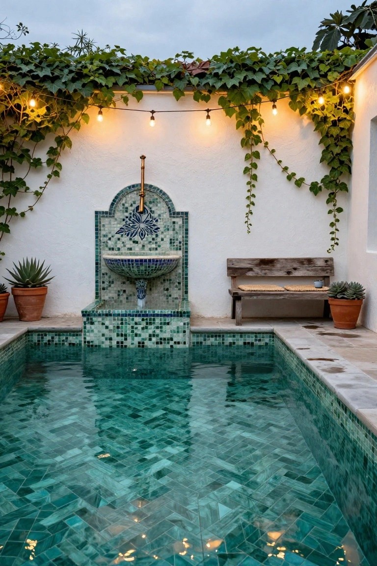 Small rectangular pool lined with turquoise mosaic tiles in a herringbone pattern, next to a matching arched fountain on a white stuccoed wall draped in ivy, with string lights overhead, a wooden bench, agave plants in terracotta pots, and wet tile edging.
