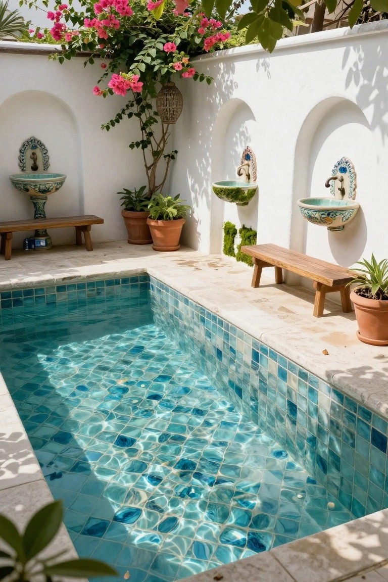 Small turquoise mosaic-tiled plunge pool in a white stucco courtyard with bougainvillea vines overhead, arched wall niches holding blue ceramic fountains, wooden benches, potted plants, and terracotta pots.