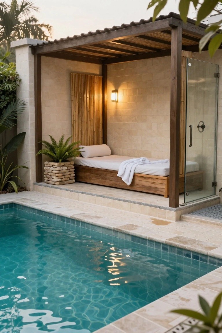 Small rectangular pool with turquoise mosaic porcelain tiles, adjacent to an elevated wooden daybed under a pergola with glass shower enclosure, surrounded by stone tiles, plants, and palms.