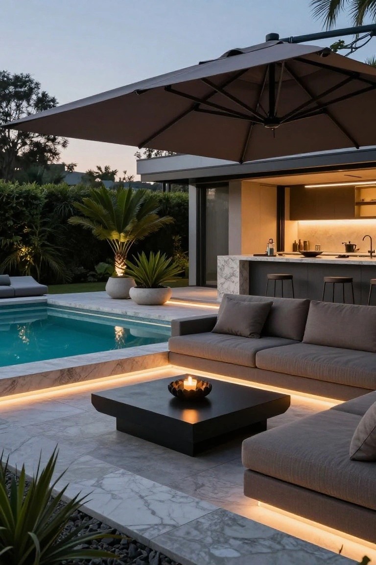 Modern outdoor pool area with large beige cantilever umbrella shading gray L-shaped sofa and low fire bowl table on LED-lit marble deck, adjacent to infinity-edge pool, outdoor kitchen bar, potted plants, and tropical landscaping.