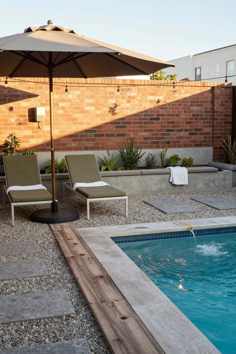 Beige cantilever umbrella shading two green loungers on a pebble patio next to an infinity-edge pool, with concrete planters, brick wall, and string lights in the background.