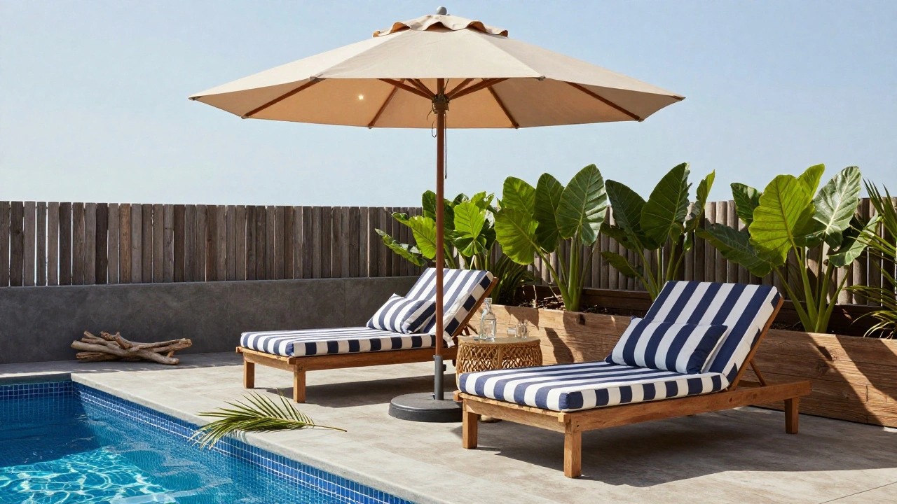 Two navy-and-white striped lounge chairs under a large cream market umbrella next to a turquoise-tiled pool edge, with potted tropical plants, bamboo fencing, and a wooden side table nearby.