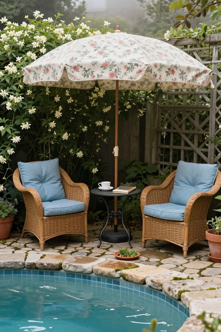 Two wicker armchairs with blue cushions under a large cream floral-patterned umbrella next to a turquoise pool edge, with a small metal table holding teacups and a book, surrounded by white flowers, green plants, and a stone patio.