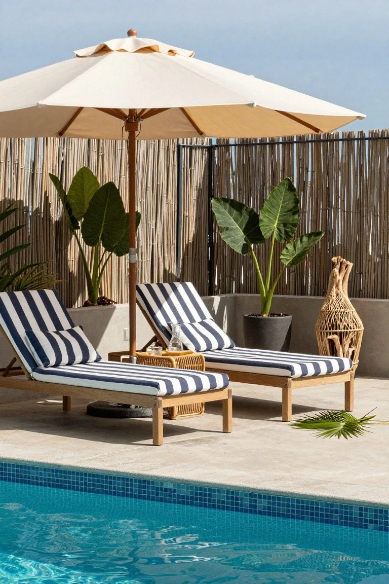 Two navy-and-white striped lounge chairs under a large cream market umbrella next to a turquoise-tiled pool edge, with potted tropical plants, bamboo fencing, and a wooden side table nearby.