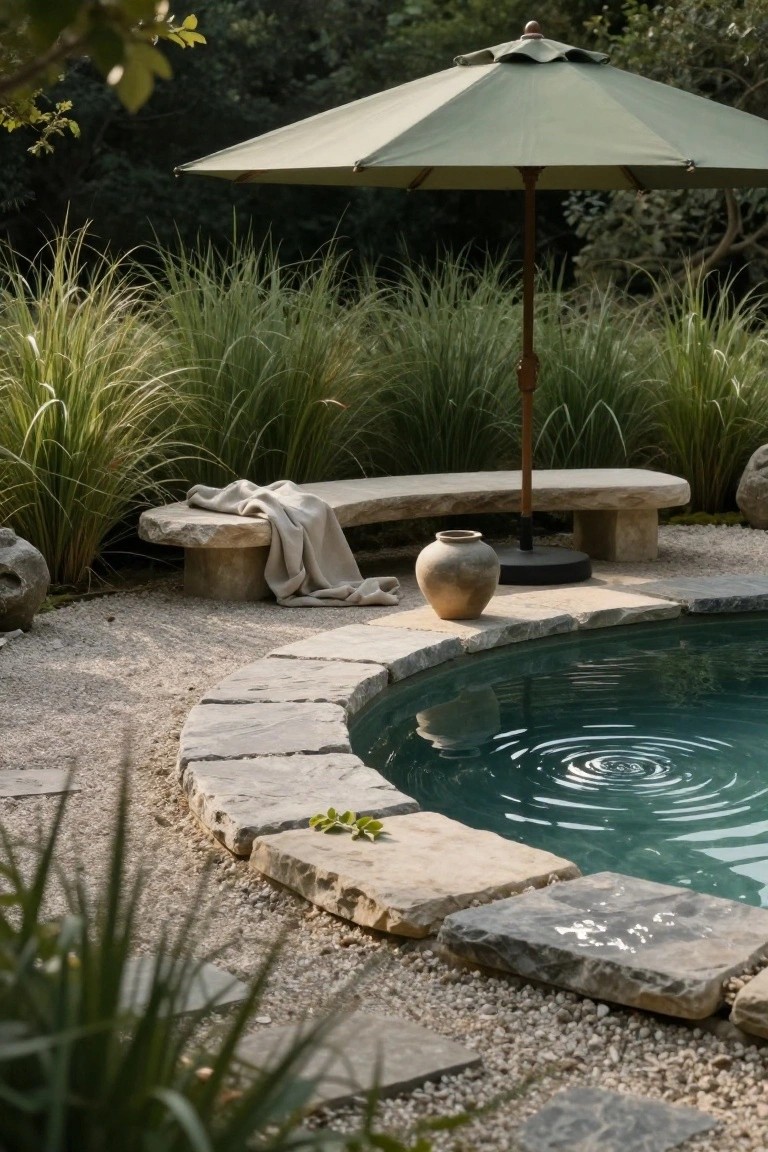 Green umbrella positioned over a curved stone bench beside a small turquoise pool edged in stone, with pampas grasses, pottery, and gravel in the background.