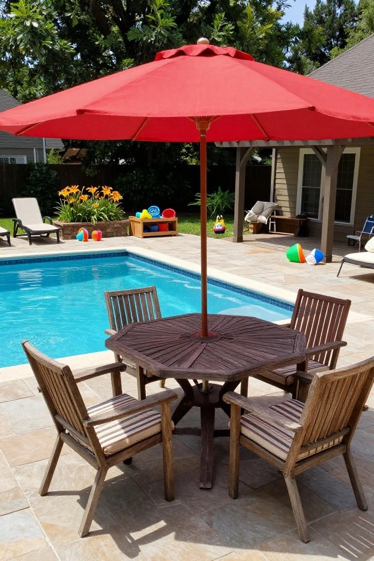 A large red patio umbrella shading a round wooden table with four wooden armchairs on a tiled deck next to a rectangular swimming pool, with pool toys and lounge chairs nearby.