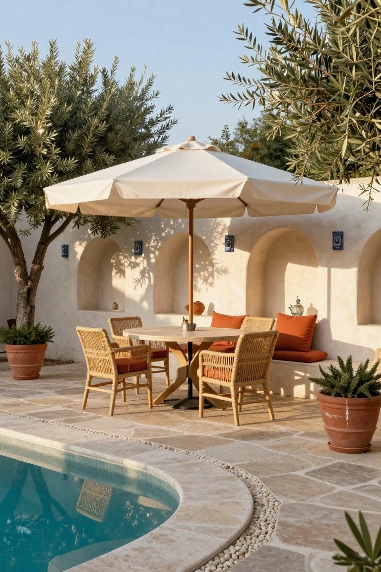 Outdoor poolside seating area featuring a large white umbrella shading a round rattan table with four chairs, adjacent to a curved pool edge, white stucco walls with arched niches, olive trees, and potted plants.