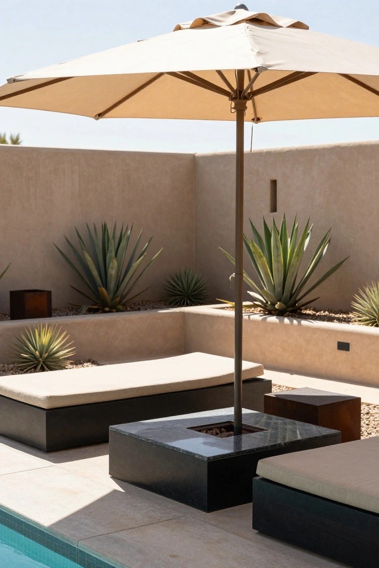 Beige cantilever umbrella shading two cushioned daybeds next to a turquoise pool edge, with a black stone fire pit table, agave plants in raised beds, and tan adobe walls.