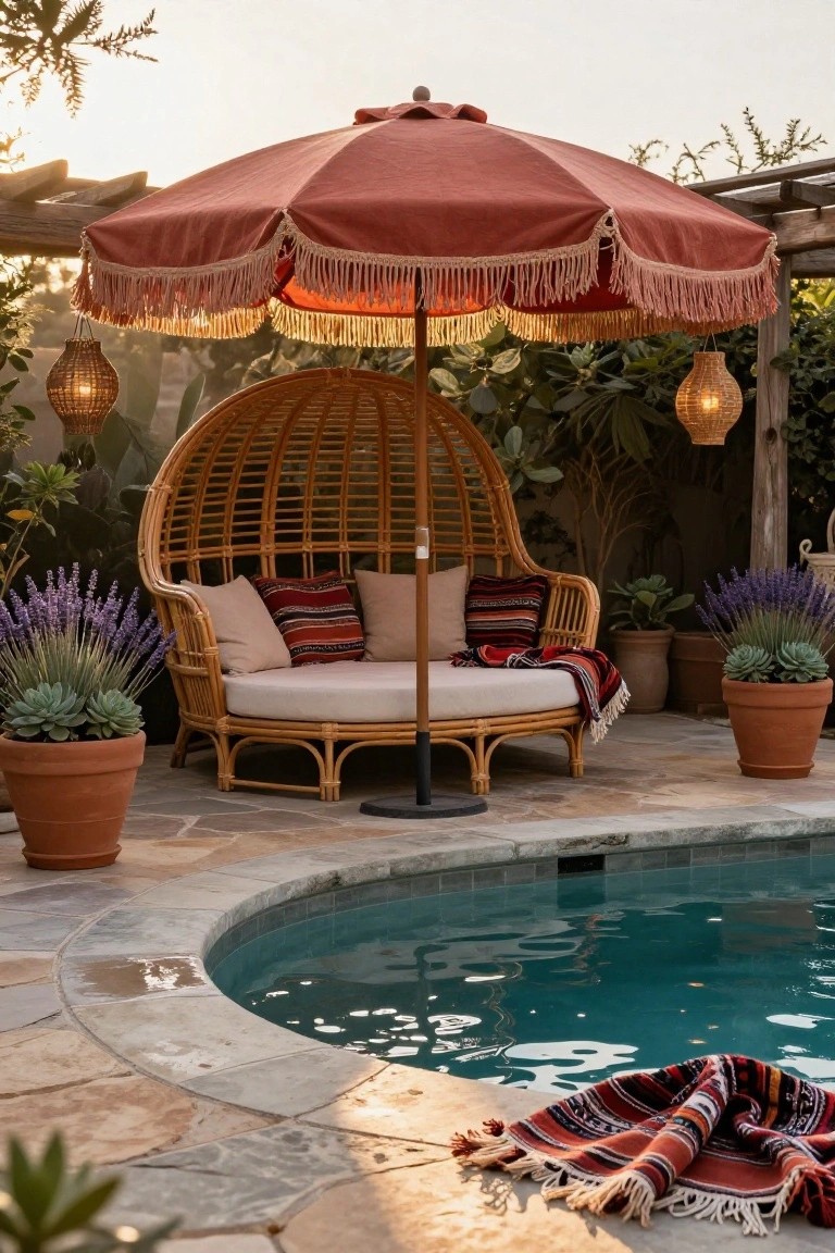 Red fringed umbrella shading a wicker egg chair on a stone pool deck surrounded by potted plants, lanterns, and a curved pool edge.