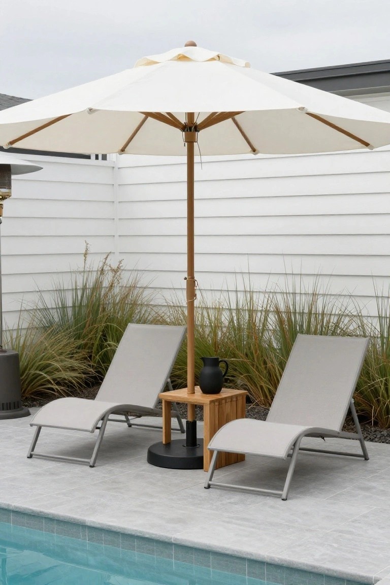 White market umbrella with wooden pole and arms shades two gray adjustable lounge chairs and a wooden side table on a tiled pool deck next to a swimming pool.