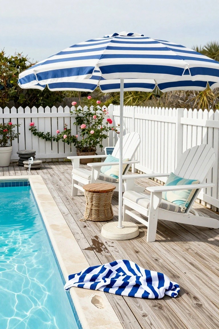 Blue and white striped beach umbrella on a wooden deck beside a turquoise swimming pool, shading two white Adirondack chairs with cushions, next to a white picket fence with pink roses and potted plants.