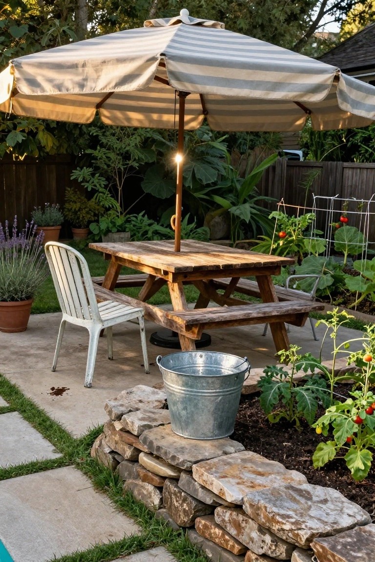 Striped beige and white market umbrella shading a rustic wooden picnic table and benches on a concrete poolside patio, with raised garden beds of tomatoes and plants, lavender pots, a galvanized bucket, and a stone retaining wall nearby.