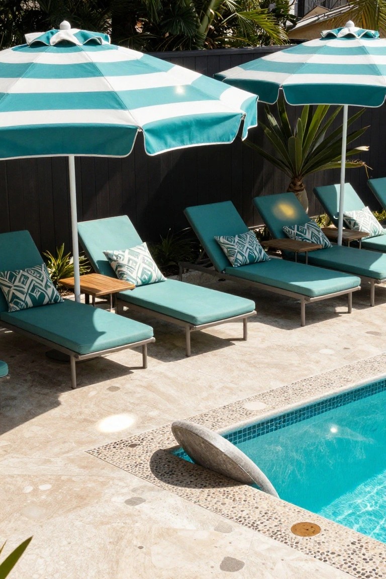 Outdoor pool area with multiple teal and white striped umbrellas shading turquoise loungers on a travertine deck next to a blue-tiled pool with pebble edging and a stone water feature.