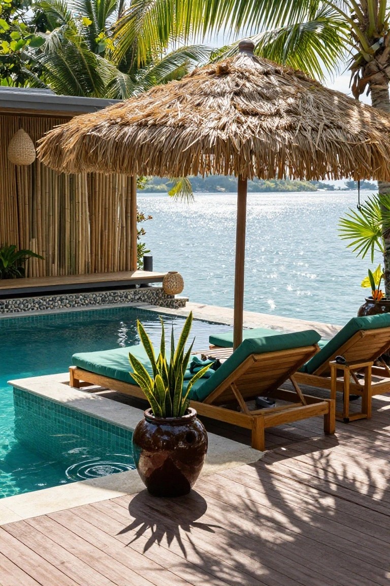 Outdoor infinity-edge pool with teal tiles and water, two green-cushioned teak loungers under a large thatched umbrella on a wooden deck, bamboo screens, potted plants, and view of sparkling water.