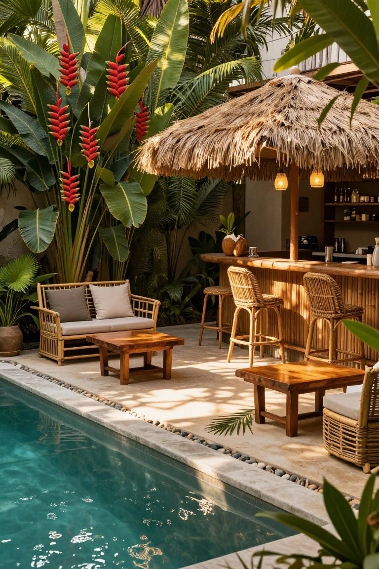 Lush tropical poolside patio with a thatched roof bar, rattan stools and seating, wooden tables, potted plants, and red heliconia flowers.