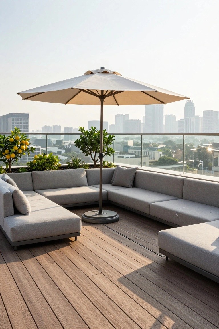 Rooftop terrace featuring an L-shaped gray modular sofa, beige freestanding umbrella with base, potted lemon trees, wooden deck flooring, glass railing, and distant city skyline.