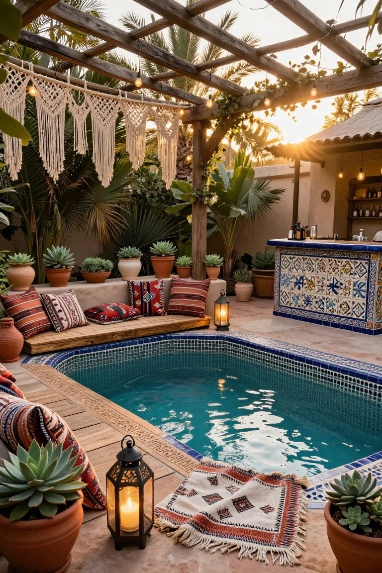 Backyard pool area with blue-tiled pool, adjacent wooden built-in bench lined with red and patterned cushions, blue-tiled bar counter, potted plants, lanterns, macrame hangings, and pergola with string lights overhead.