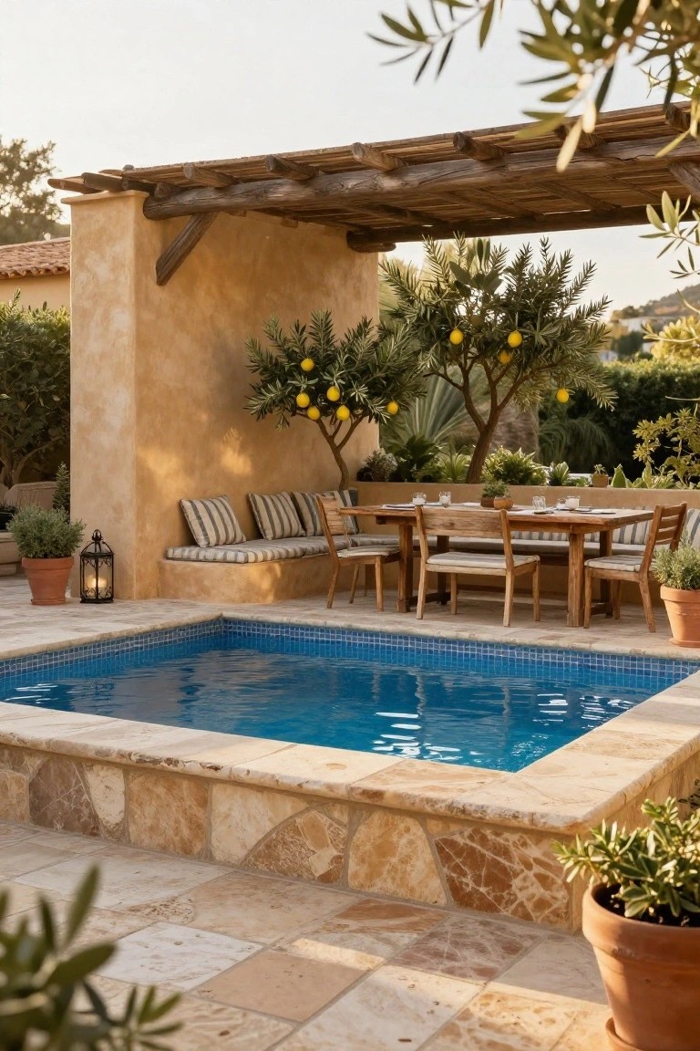 Backyard patio with a small rectangular blue-tiled plunge pool integrated into the stone edge next to a wooden dining table, benches, and chairs under a rustic wooden pergola, surrounded by olive trees and potted plants.