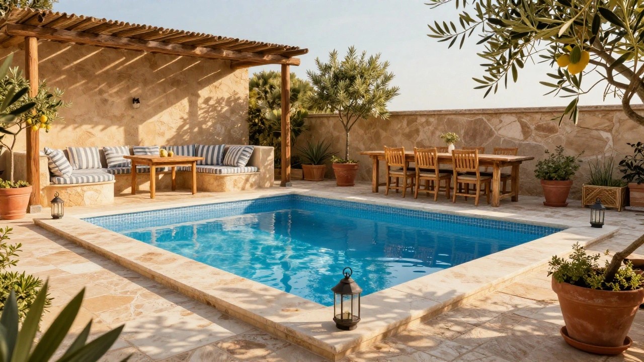 Backyard patio with a small rectangular blue-tiled plunge pool integrated into the stone edge next to a wooden dining table, benches, and chairs under a rustic wooden pergola, surrounded by olive trees and potted plants.