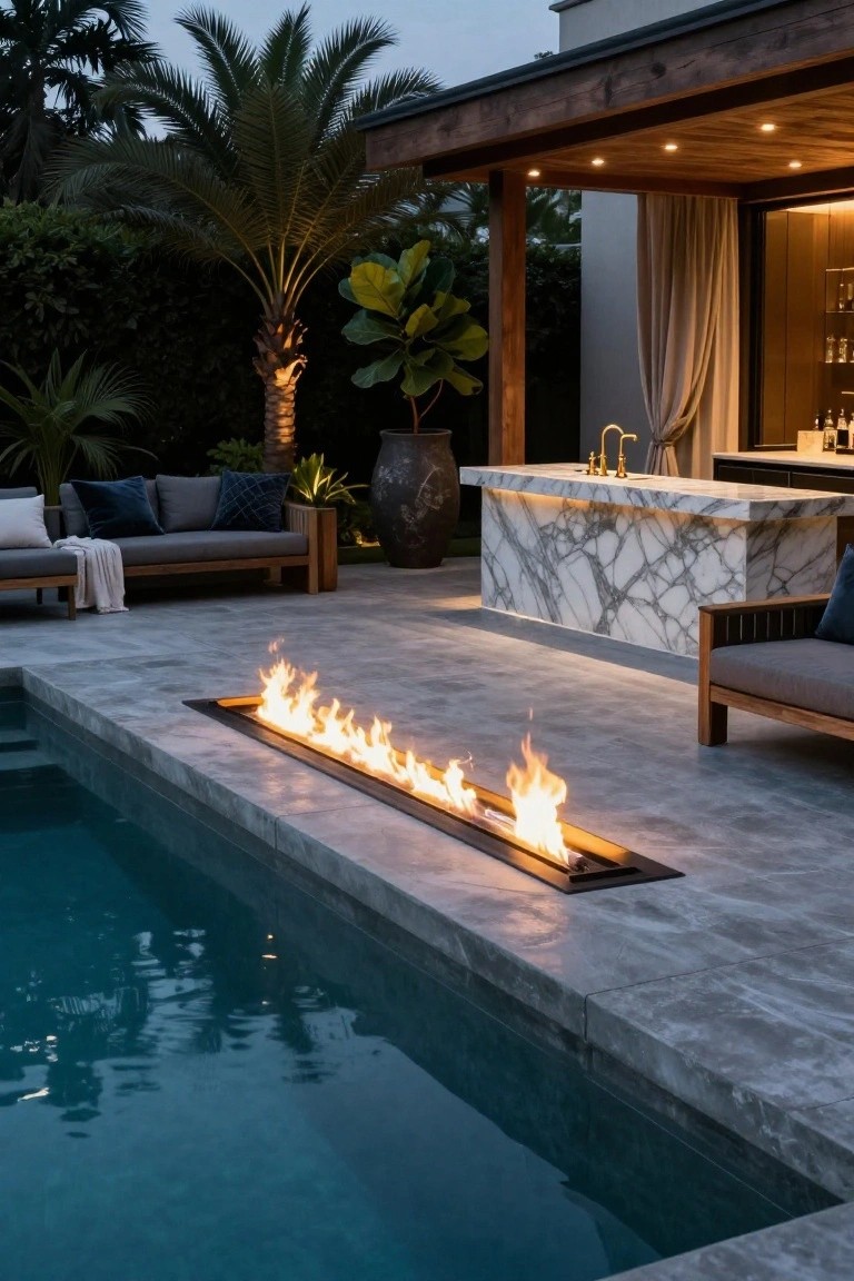 Backyard infinity-edge pool with embedded linear gas fire pit along the coping, gray tiled patio, wooden pergola bar area, lounge seating, potted plants, and palm trees at dusk.