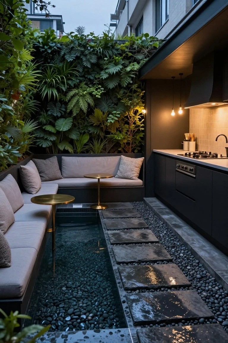 Outdoor patio featuring an L-shaped gray sofa with pillows around a central linear pool filled with black pebbles and water, next to a black cabinet outdoor kitchen with gas cooktop, surrounded by dense green tropical plants on walls and lit by hanging bulbs.