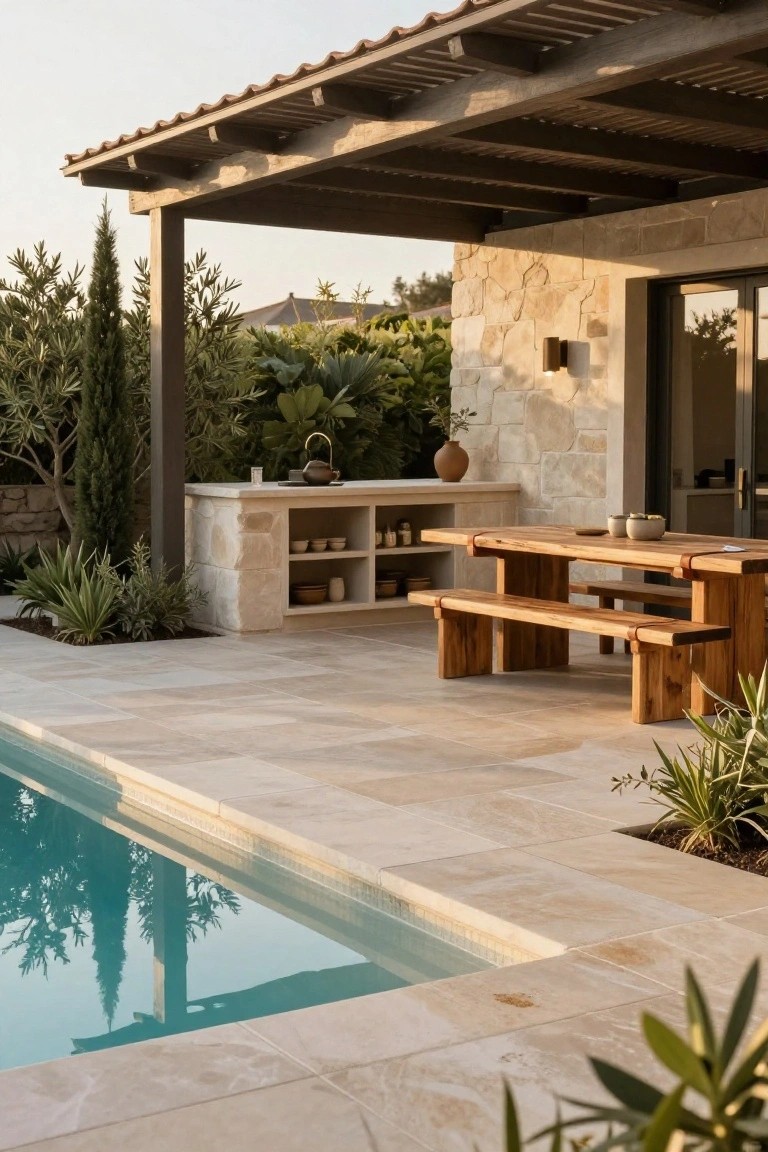 Stone outdoor kitchen counter with open shelving and a wooden dining table with benches on tiled patio adjacent to a swimming pool under a wooden pergola with surrounding plants and house wall.