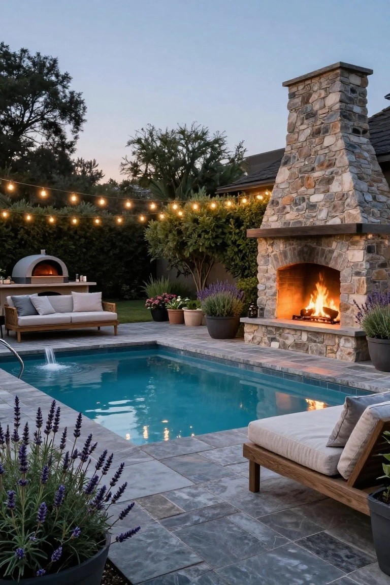 Stone outdoor fireplace with burning logs next to a small rectangular turquoise pool in a backyard patio, with lounge chairs, potted lavender plants, a wood-fired pizza oven, and string lights strung above at dusk.