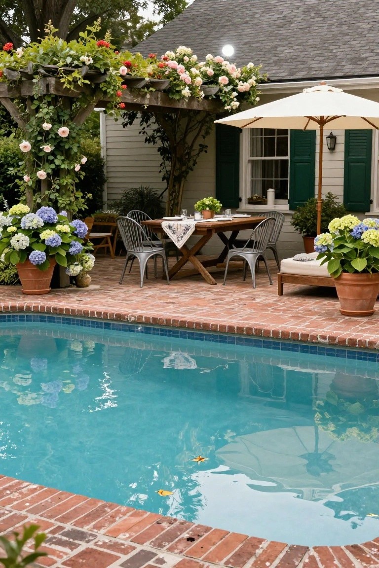 Backyard pool with brick patio, wooden dining table and metal chairs under wooden pergola covered in pink climbing roses, potted blue and green hydrangeas, white umbrella over lounge chair, house in background.