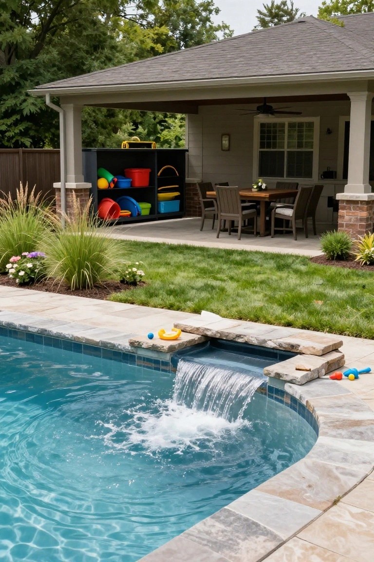 Backyard inground pool with turquoise water and a stone waterfall cascading into one end, flagstone decking, adjacent covered patio with dining table and chairs, toy storage cabinet, and surrounding landscaping.