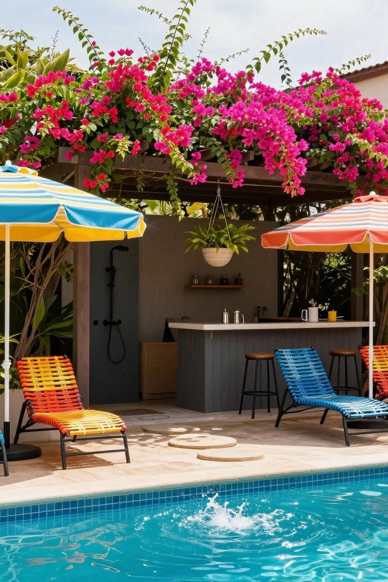 Outdoor pool area featuring a gray bar counter with wooden stools, colorful striped umbrellas, orange and blue woven lounge chairs, an outdoor shower enclosure, potted plants, and pink bougainvillea vines on a pergola structure beside turquoise pool water.