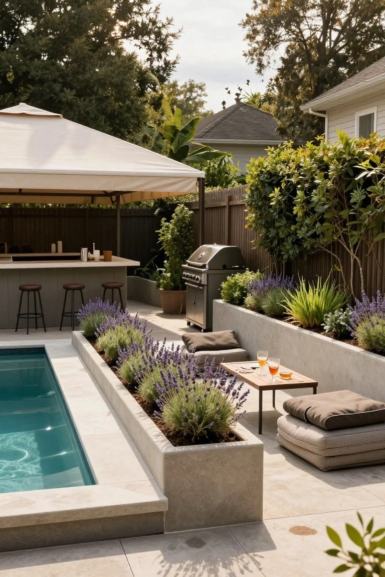 Backyard pool with concrete raised planter beds along the edge filled with lavender plants, adjacent outdoor bar counter with brown stools, nearby grill, low beige cushions and wooden table on gray tiled patio, beige umbrella overhead, greenery and wooden fence in background.