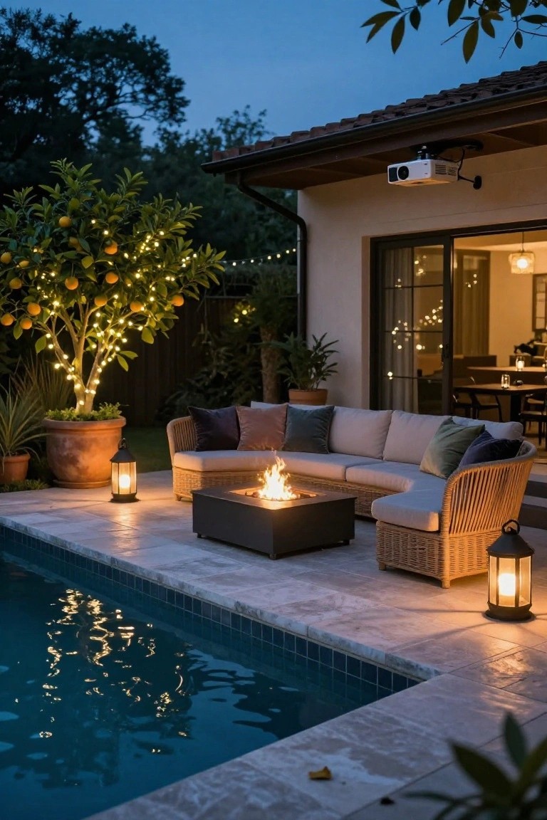 Backyard pool patio at dusk with L-shaped beige outdoor sofa around black fire pit table, orange tree with string lights, potted plants, lanterns, and house with sliding doors in background.